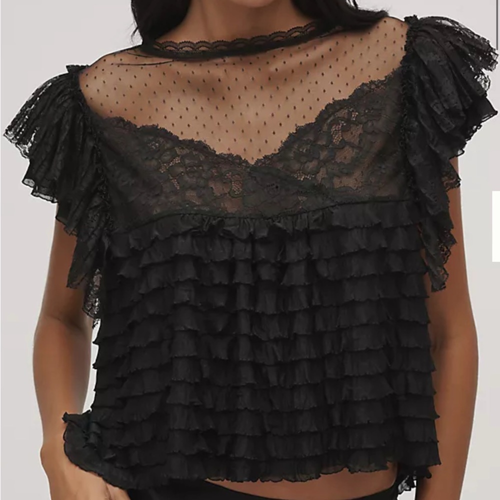 NWT Anthropologie Maeve Black Sheer Polka Dot Ruffled Blouse
